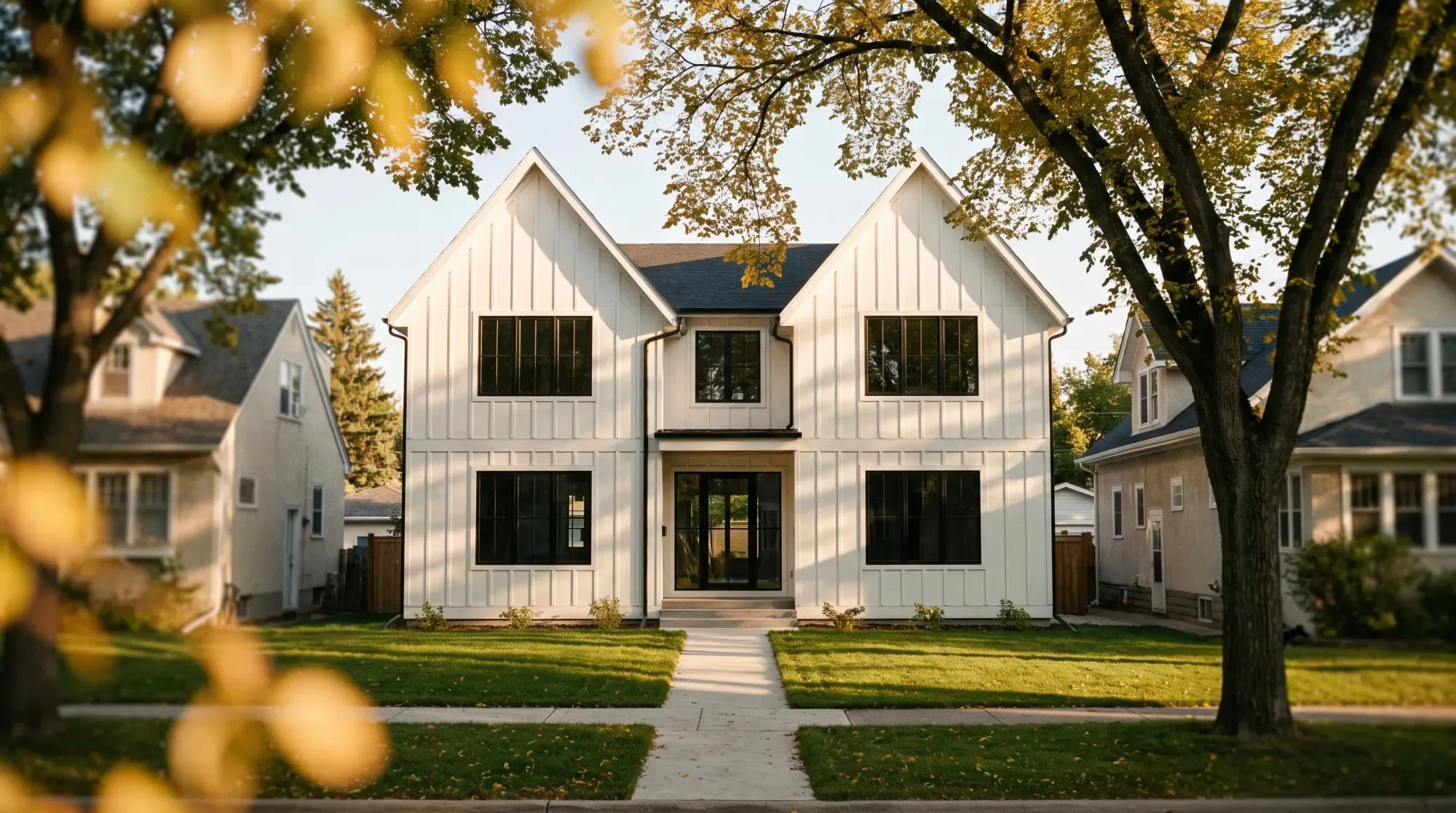 Photorealistic frame of an unbuilt home on an established street